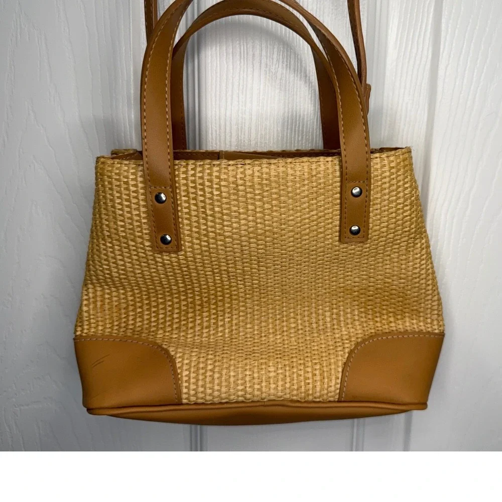 Nine West Straw Woven Tote Handbag Crossbody Bag Tan Leather‎ Trim
